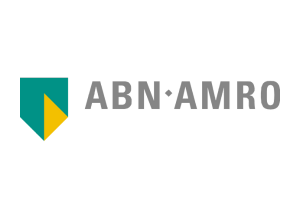 logo van ABN Amro met het schild beeldmerk voor de naam. Beeldmerk is geel met groen en naam is grijs