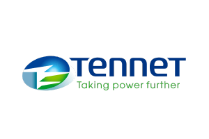 Logo van Tennet, hun pay off o is; Taking power further. Kleuren zijn blauw met groen